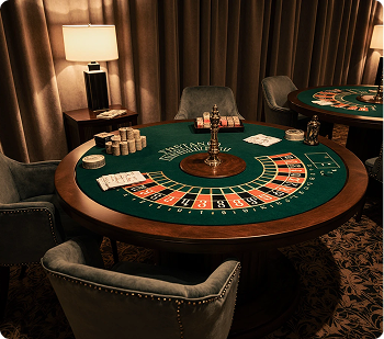 Elegant casino interior with classic gaming tables, chandeliers, and sophisticated lighting creating a timeless atmosphere
