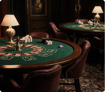 Layered architectural design elements in a casino space showing strategic placement of tables and ambient lighting