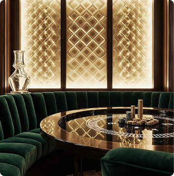 Vibrant Las Vegas style casino with neon-inspired lighting, modern lounge seating, and energetic atmosphere