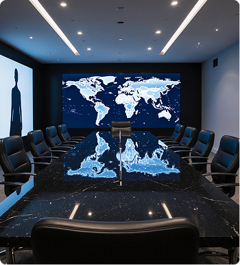 Elegant spy-themed environment with brushed metal accents, midnight blue lighting, and precision-designed gaming area