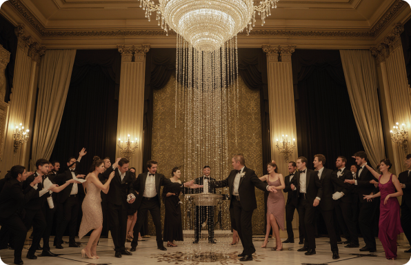 Great Gatsby themed casino with art deco design, crystal chandeliers, and champagne-gold lighting creating Jazz Age opulence
