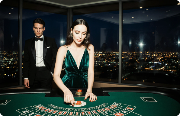 Elegant 007 style lounge with clean lines, brushed metal accents, and midnight blue lighting