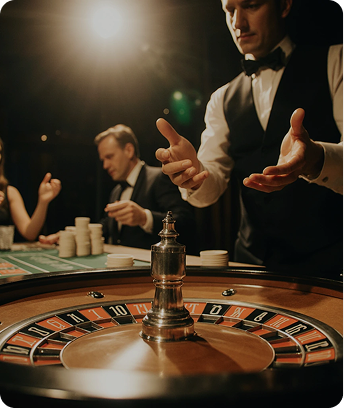 American Roulette wheel with double-zero slot, featuring classic red and black numbered pockets and polished chrome details