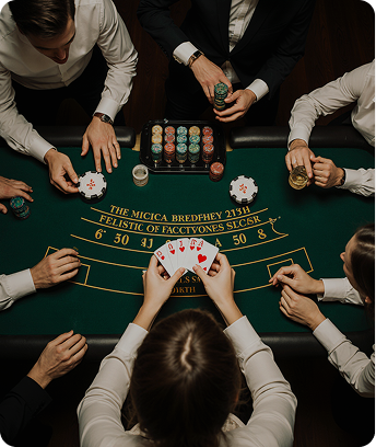 Blackjack table with green felt, playing cards, and stacks of poker chips arranged for a professional game