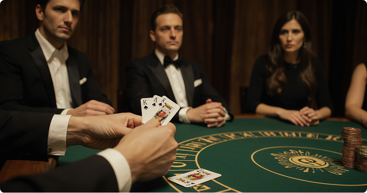 A professional blackjack table setup with green felt, visible cards, and gambling chips, ready for a game