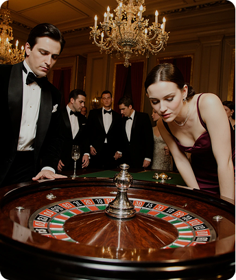 Classic European Roulette wheel with red and black numbered slots, polished chrome, and wooden frame
