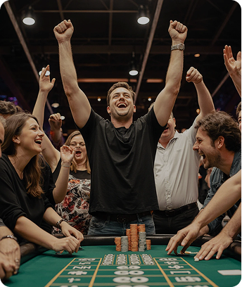 Lively Craps table with detailed betting layout, dice, and colorful chips in an energetic casino atmosphere