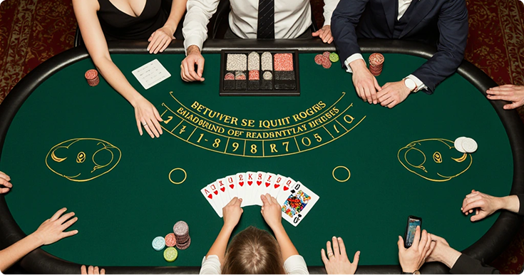 A lively craps table with green felt showing the betting layout, dice, and chips, surrounded by players in a casino setting